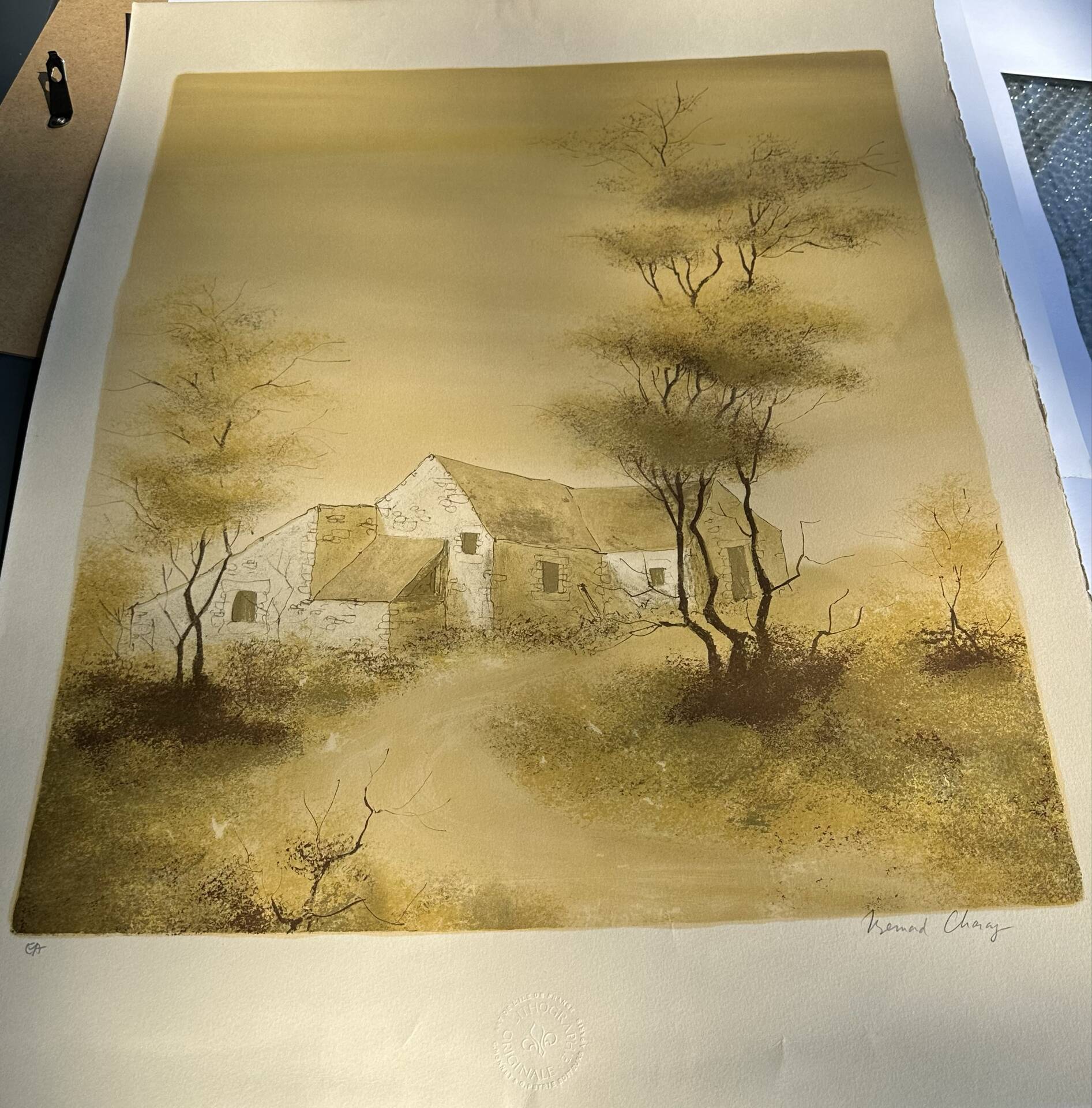 Lithographie originale de Bernard Charoy « vieille ferme »