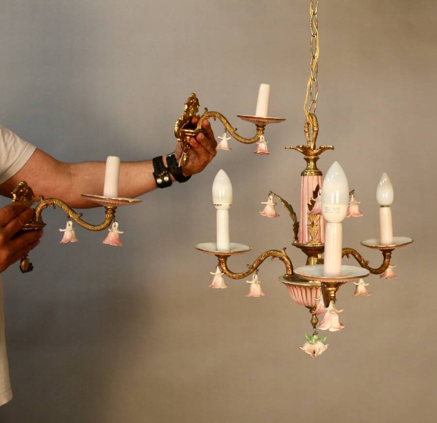 Small Italian Bronze Chandelier with Porcelain Flowers and its 2 Wall Sconces