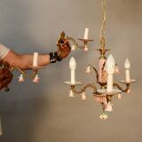 Small Italian Bronze Chandelier with Porcelain Flowers and its 2 Wall Sconces