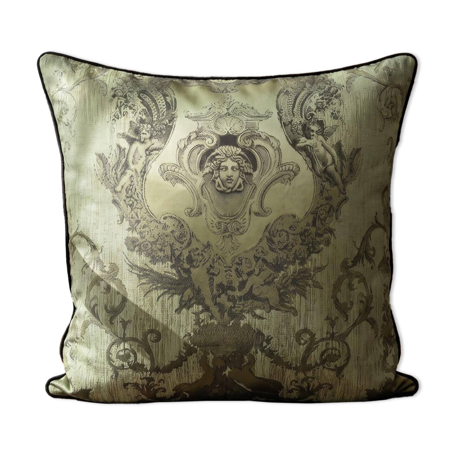 Neoclassical Medusa Medallion Cushion, Black Piped Jacquard Pillow Cover