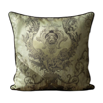 Coussin Médaillon Méduse Néoclassique, Housse de Coussin en Jacquard Noir avec Piping