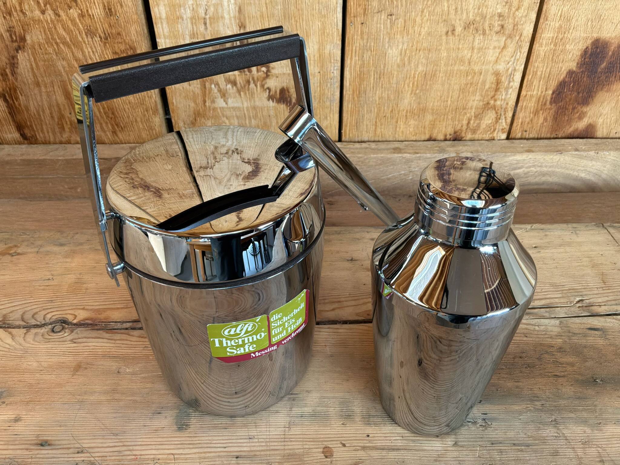 Vintage Alfi shaker set and insulated chrome ice bucket.