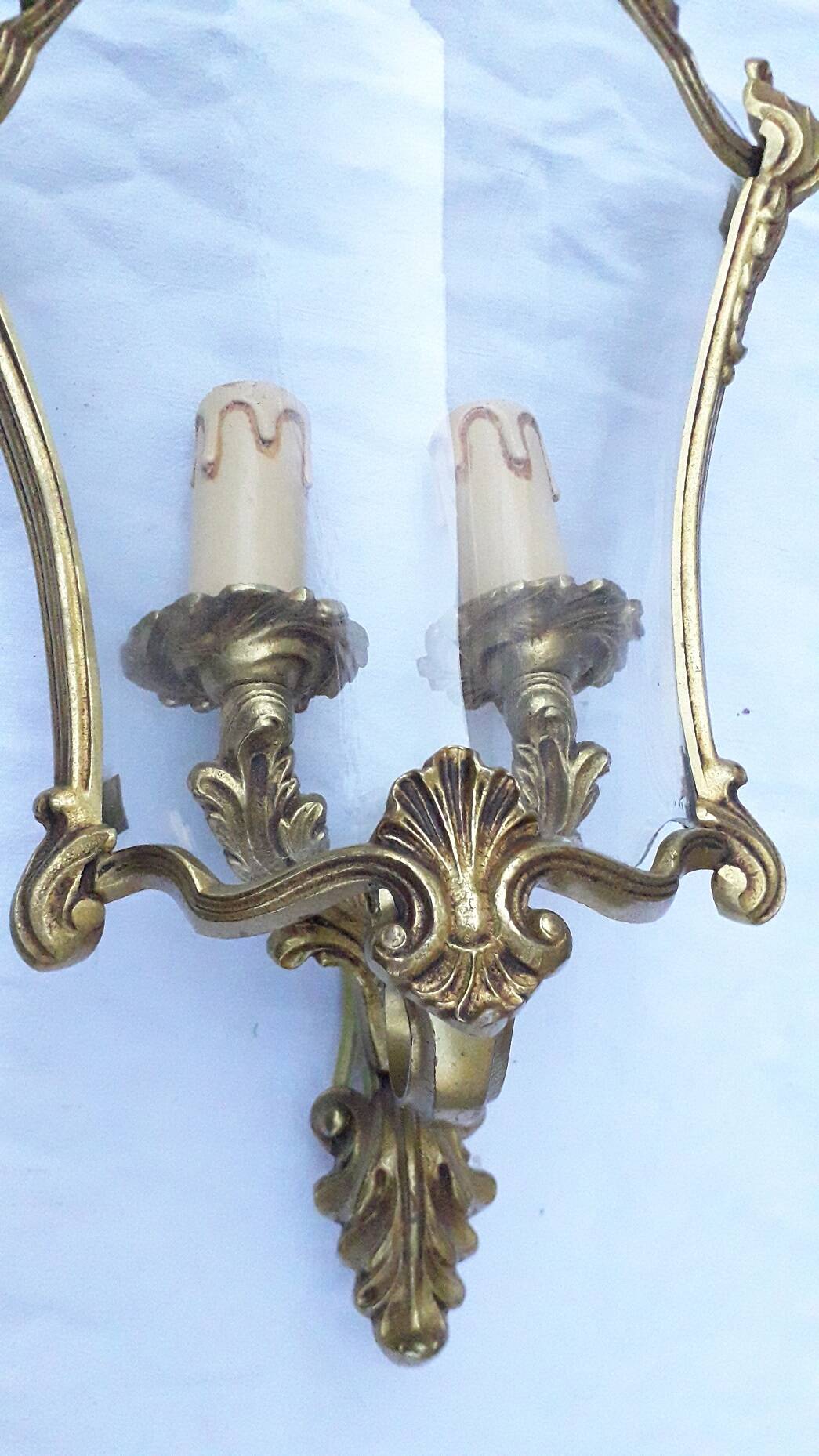 Pair of bronze and glass wall lights