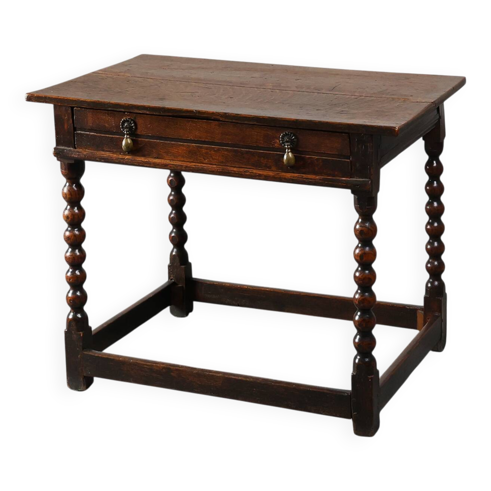 18th Century English Bobbin-Turned Oak Side Table with Bronze Hardware, Jam