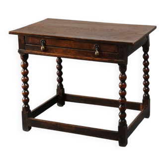 18th Century English Bobbin-Turned Oak Side Table with Bronze Hardware, Jam