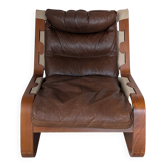 Fauteuil en cuir et bois de style brutaliste
