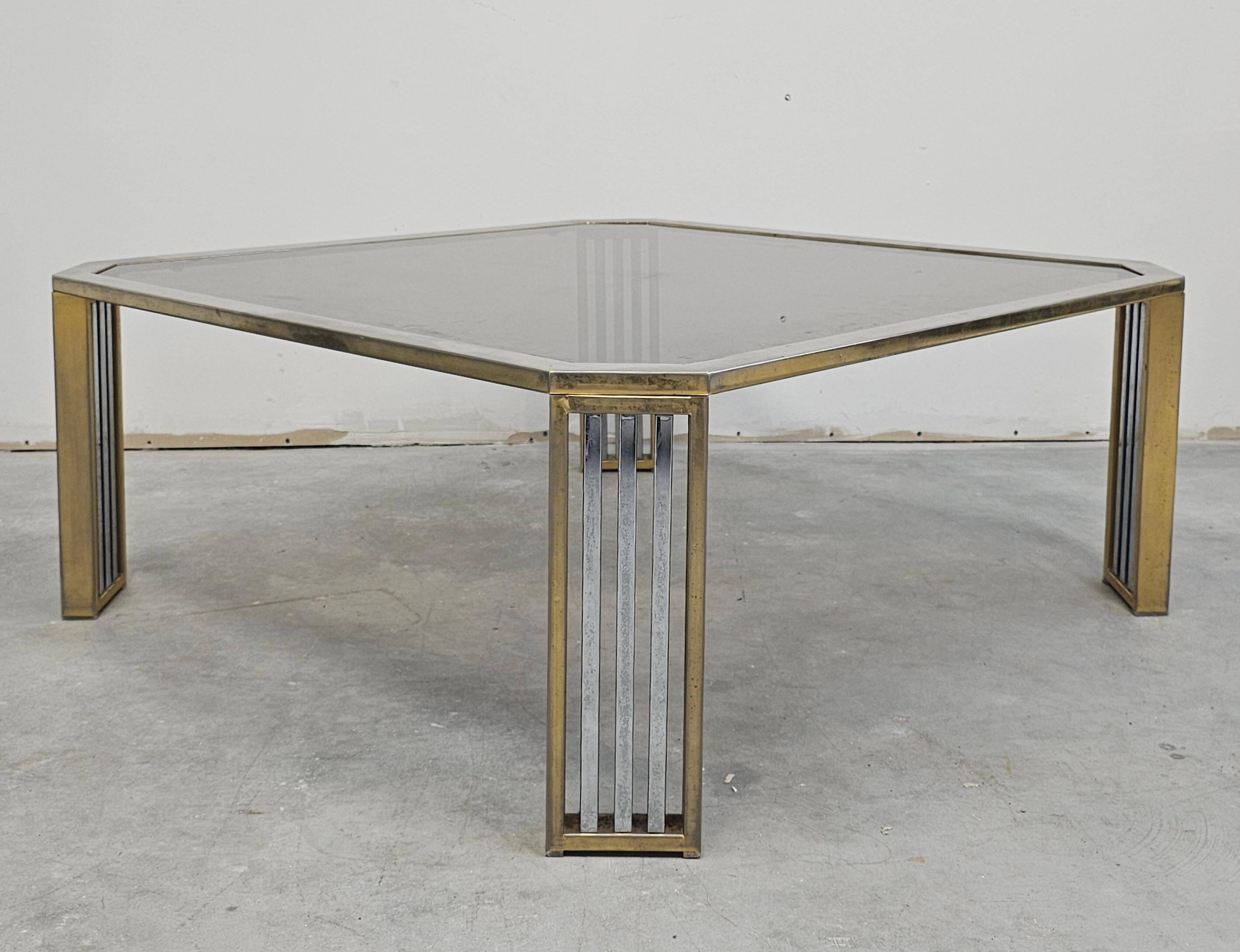 Large modernist coffee table attributed to Romeo Rega in steel and brass plating.