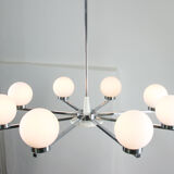 Vintage minimal chrome & opaline 8-arm chandelier, 70s
