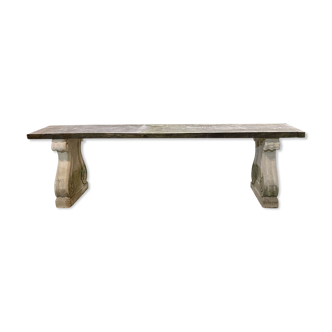 Console in raw wood and reconstituted stone, niangon wooden top