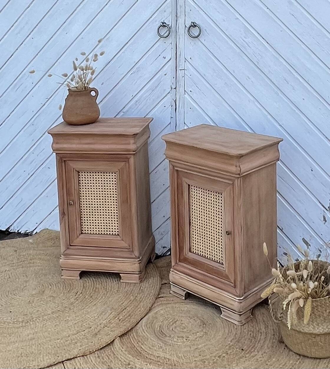 Pair of antique bedside tables / nightstands in raw wood and canework