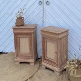 Pair of antique bedside tables / nightstands in raw wood and canework