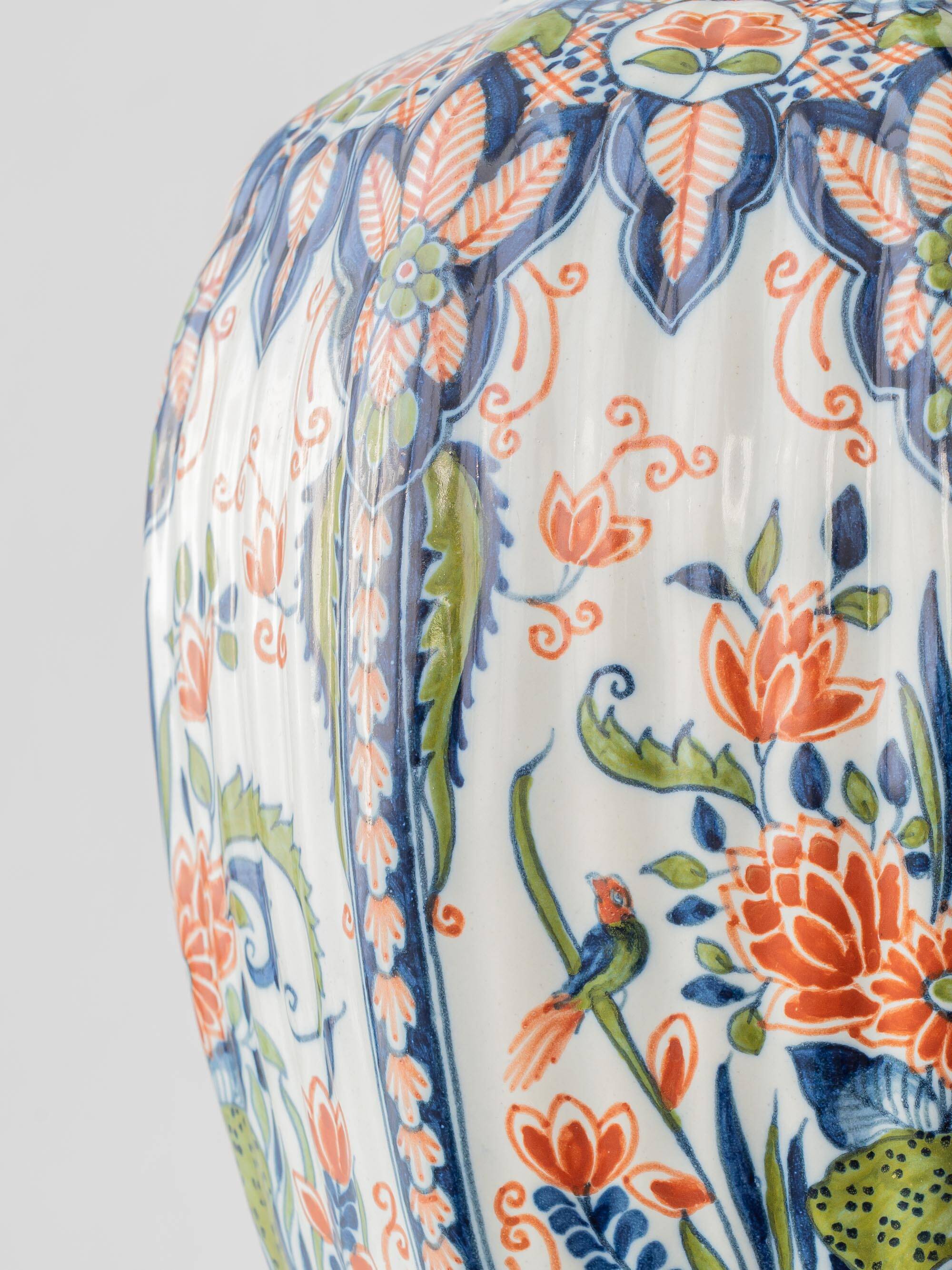 Dutch Delft Hand-Painted Ceramic Table Lamp, Makkum Polychrome, New Velvet Shade
