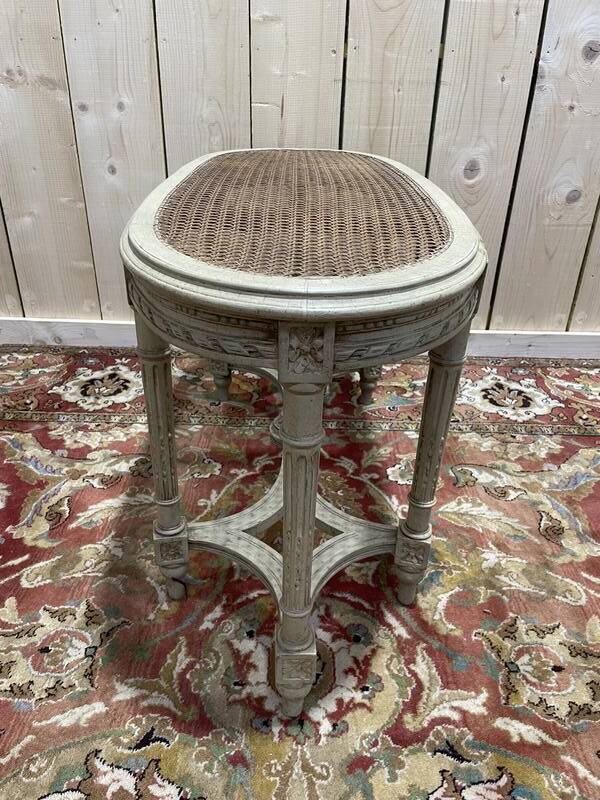Banquette de piano Louis XVI en cannage et bois rechampi