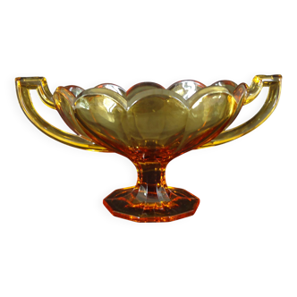 Amber glass bowl, on pedestal, with handles