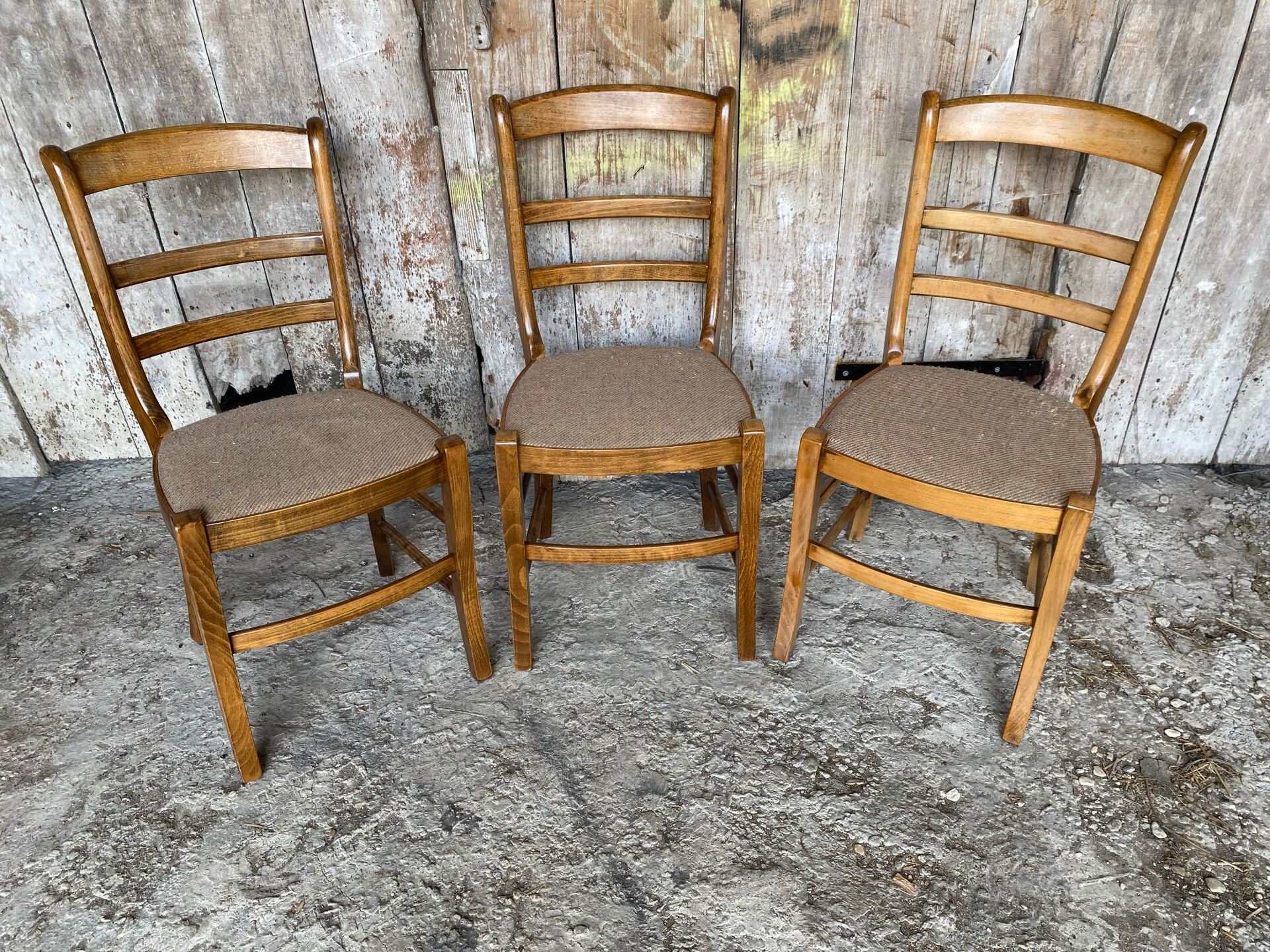 Set of 3 Antique BAUMANN Chairs Wood + Vintage Fabric Cushion Seat