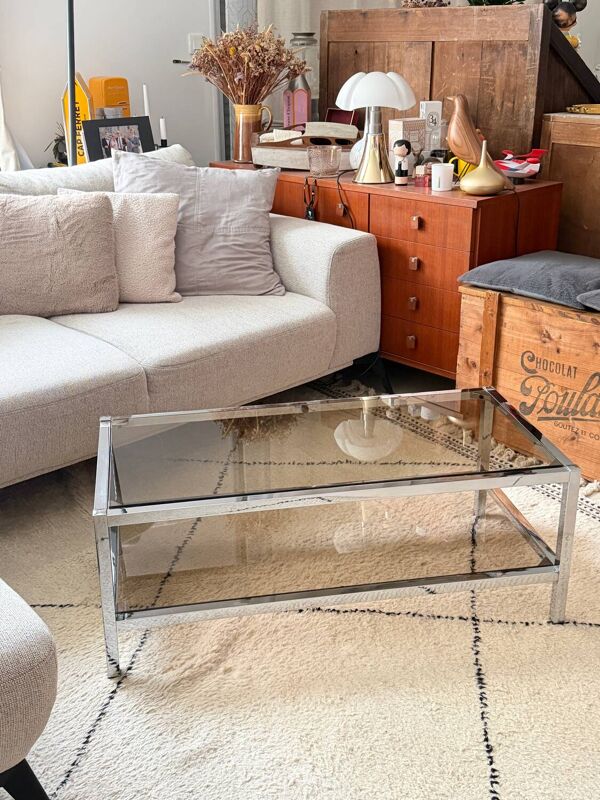 Table Basse Vintage Chrome & Verre Fumé (Style Belgo Chrom)
