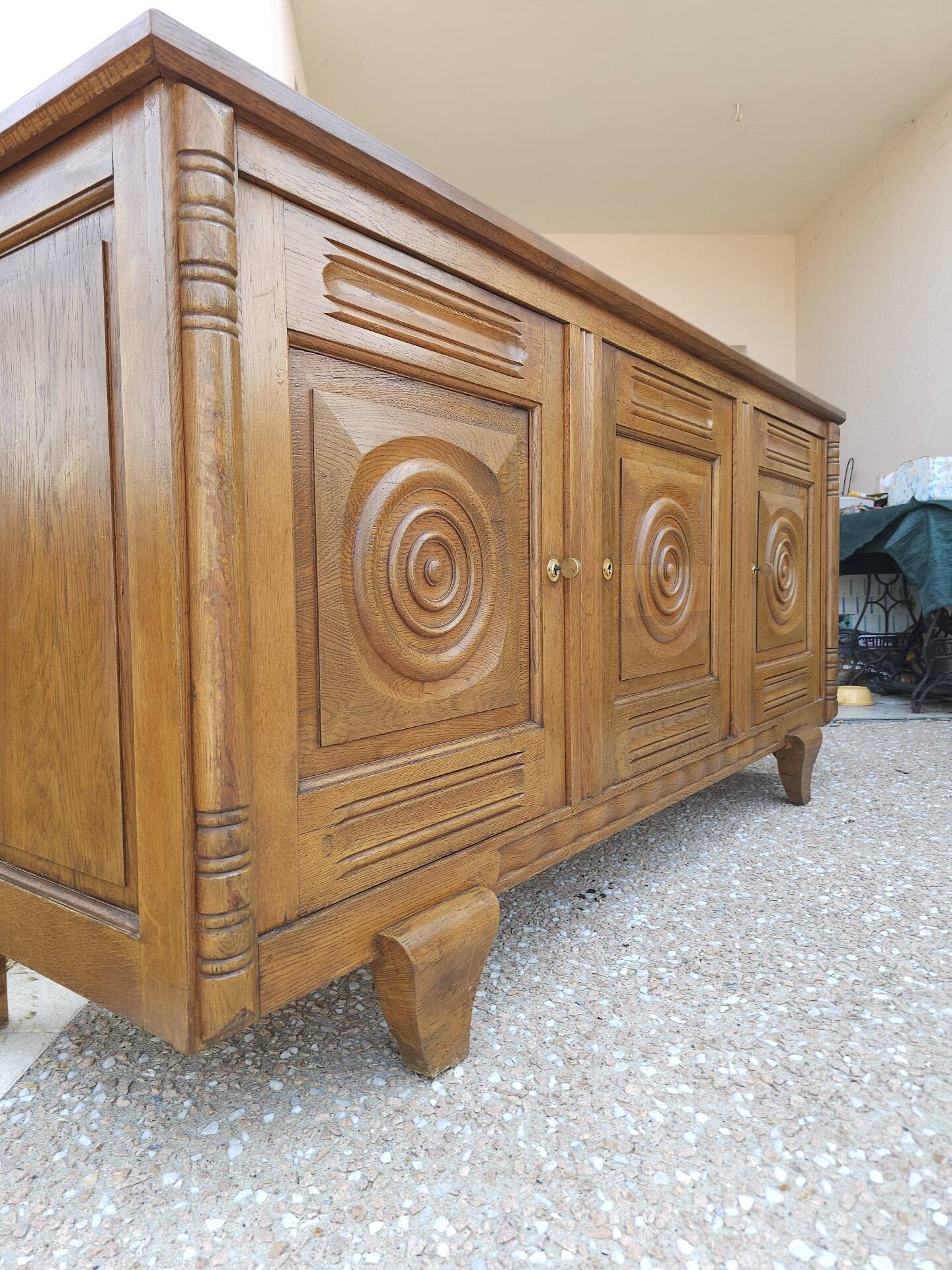 Solid oak sideboard, brutalist and Art Deco work, mid-century.