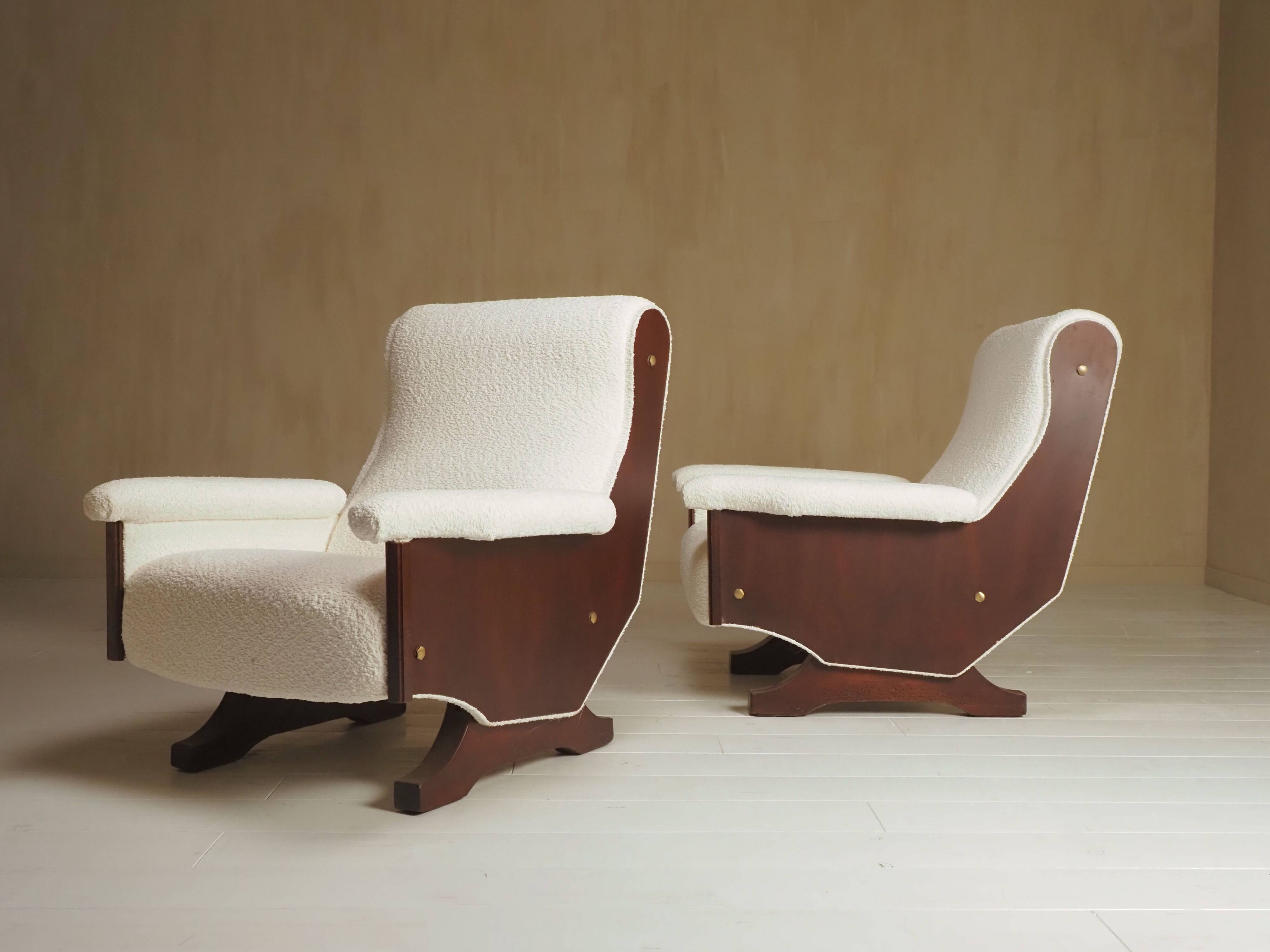 Pair of 1960s Italian Modern Walnut and Boucle Armchairs
