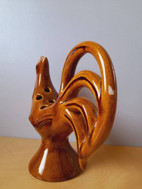 Ceramic rooster flower frog, 1960