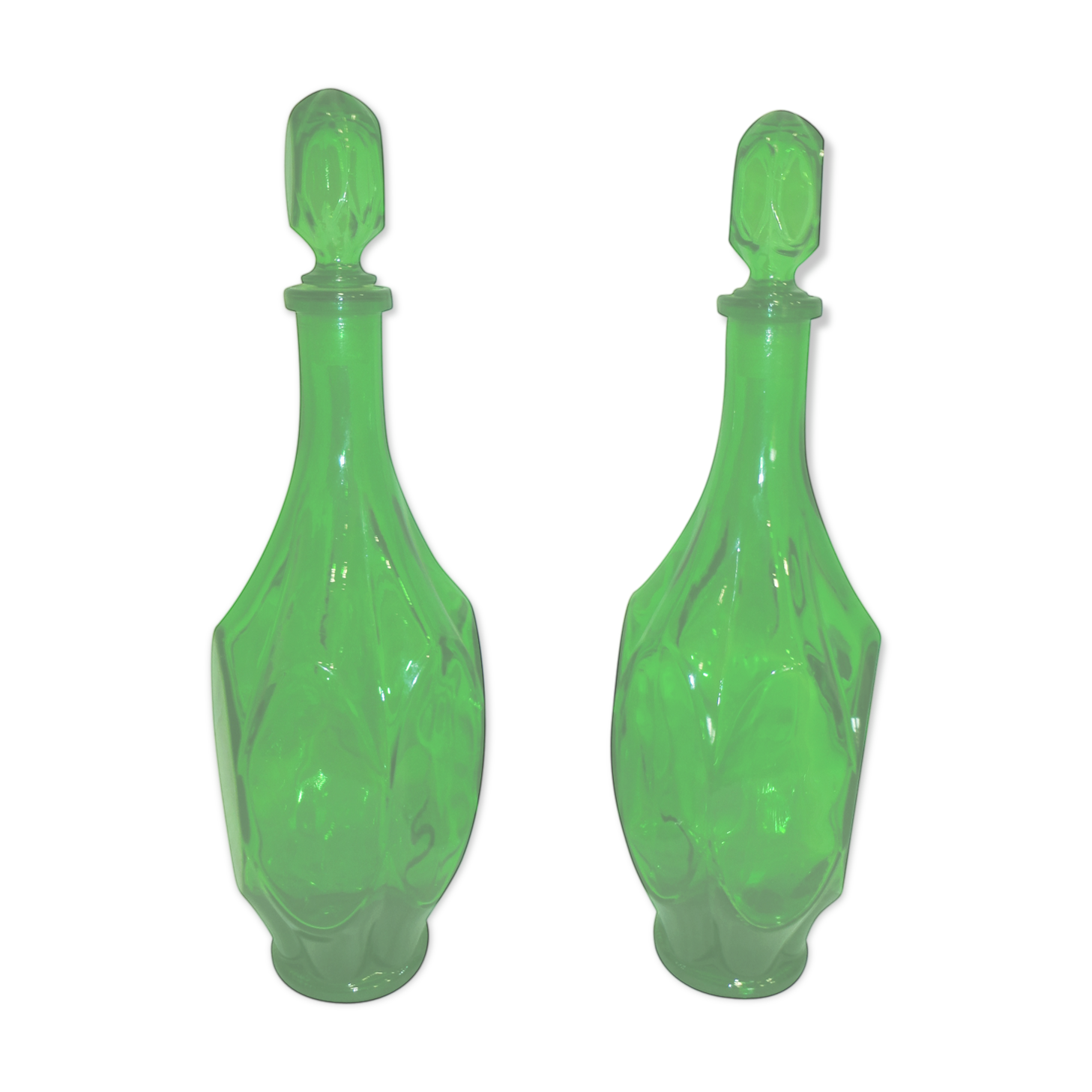 Set of 2 vintage carafes faceted in green glass with caps