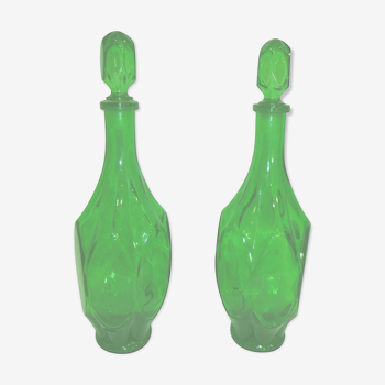 Set of 2 vintage carafes faceted in green glass with caps