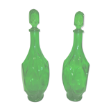 Set of 2 vintage carafes faceted in green glass with caps