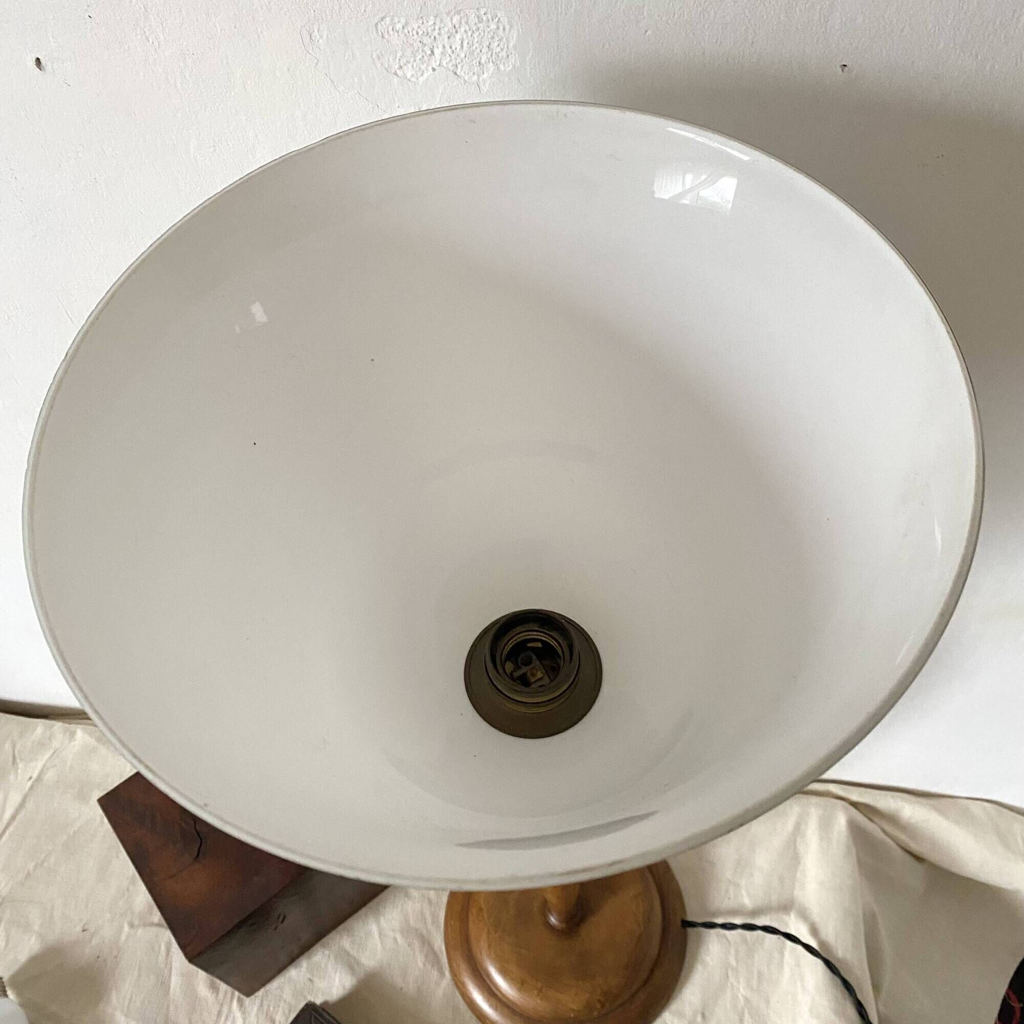 Large Art Deco lamp in Mazda style made of turned wood and opaline.