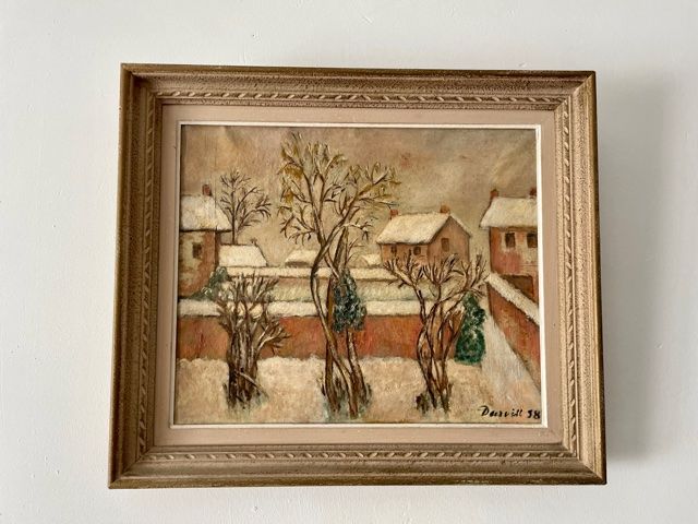 Oil on canvas painting "snow in Paris" signed Darvill 1958