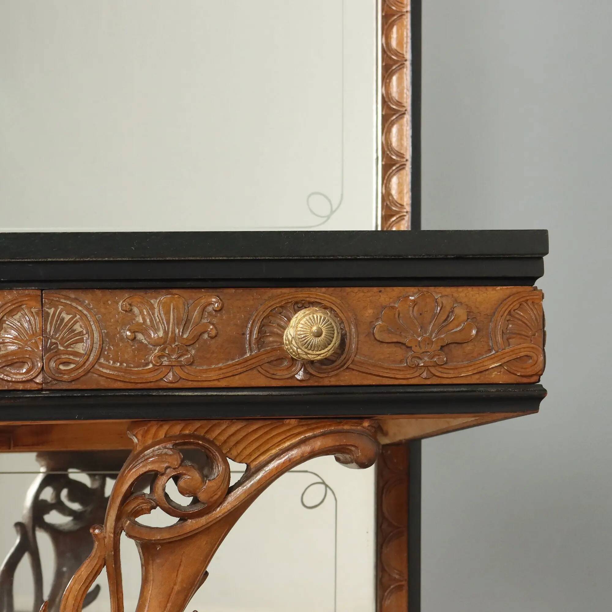 Antique console with a walnut mirror and green marble, Italy, 20th century.