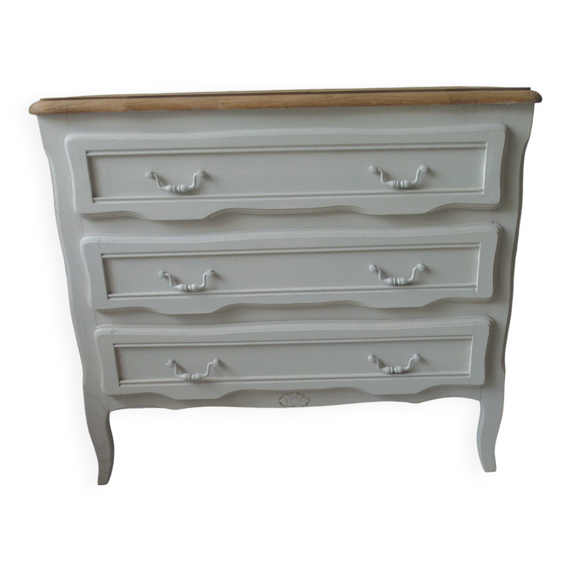 Vintage chest of drawers with pearl gray patina and waxed finish, 3 drawers, wooden top.