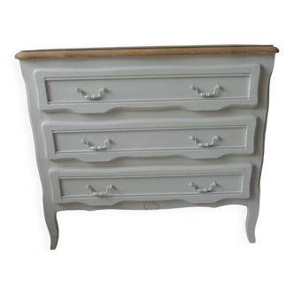Vintage chest of drawers with pearl gray patina and waxed finish, 3 drawers, wooden top.
