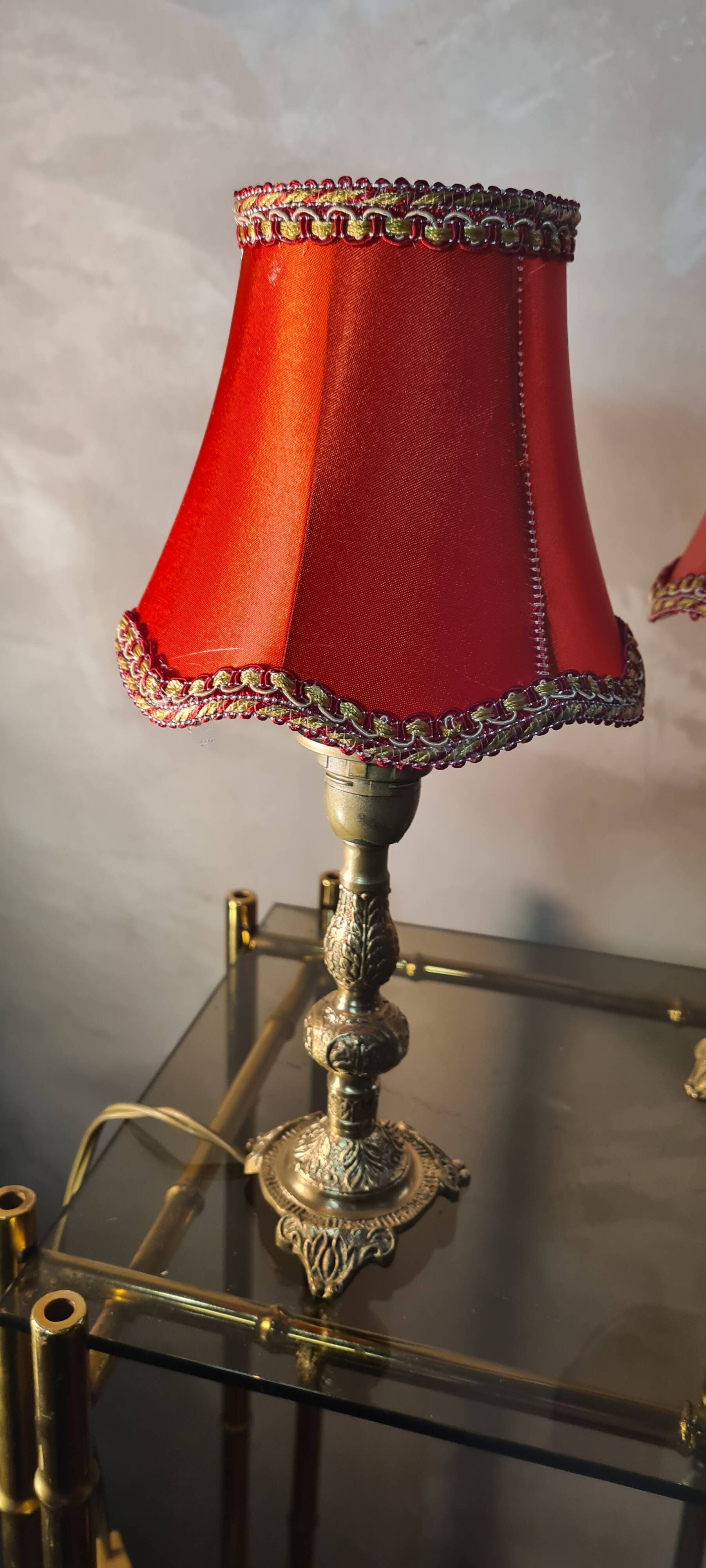 small pair of 70s bronze bedside lamps with red silk style lampshade, double, 29x14