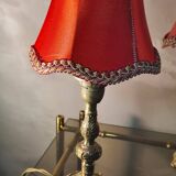 small pair of 70s bronze bedside lamps with red silk style lampshade, double, 29x14