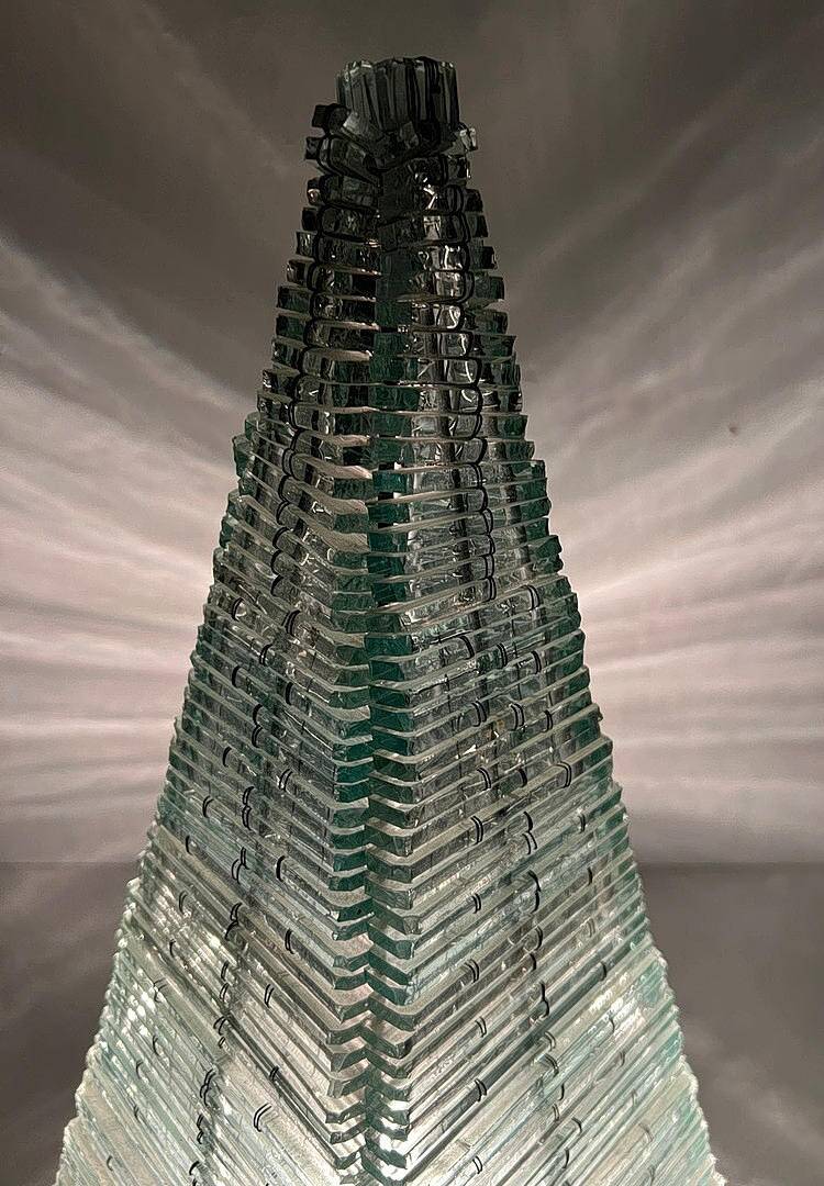 Sculptural pyramid table lamp, glass, France, 1970s.