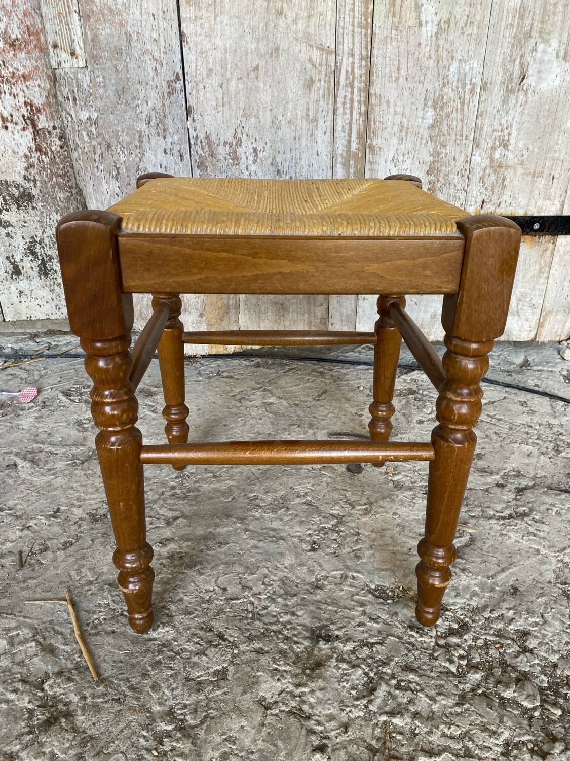 Vintage Turned Wood Stool + Woven Straw Seat #D893