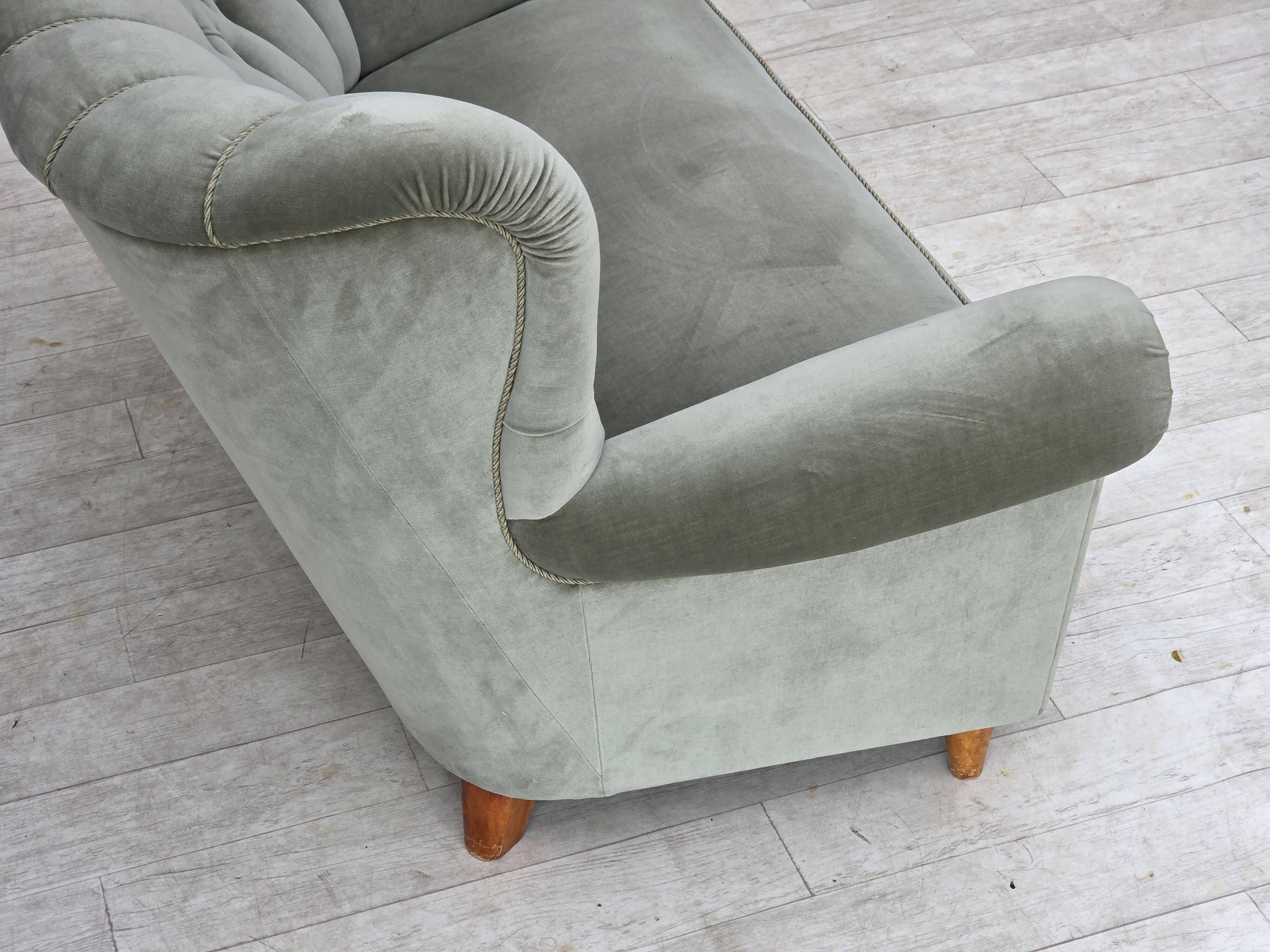 1960s, Danish 2-seater sofa. light green furniture velour.