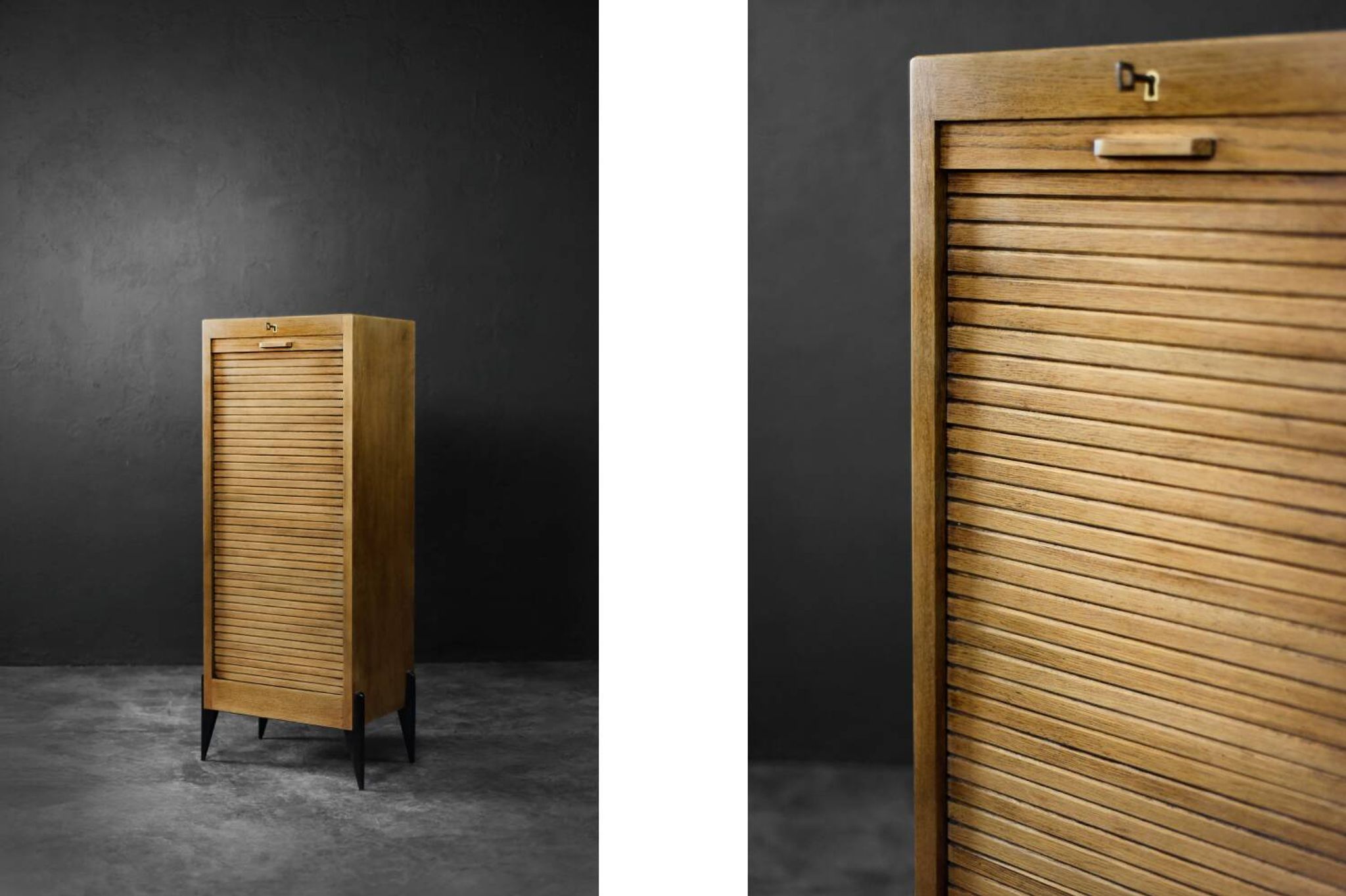 Vintage Industrial Danish Roller Shutter Brown Oak Cabinet with Drawers