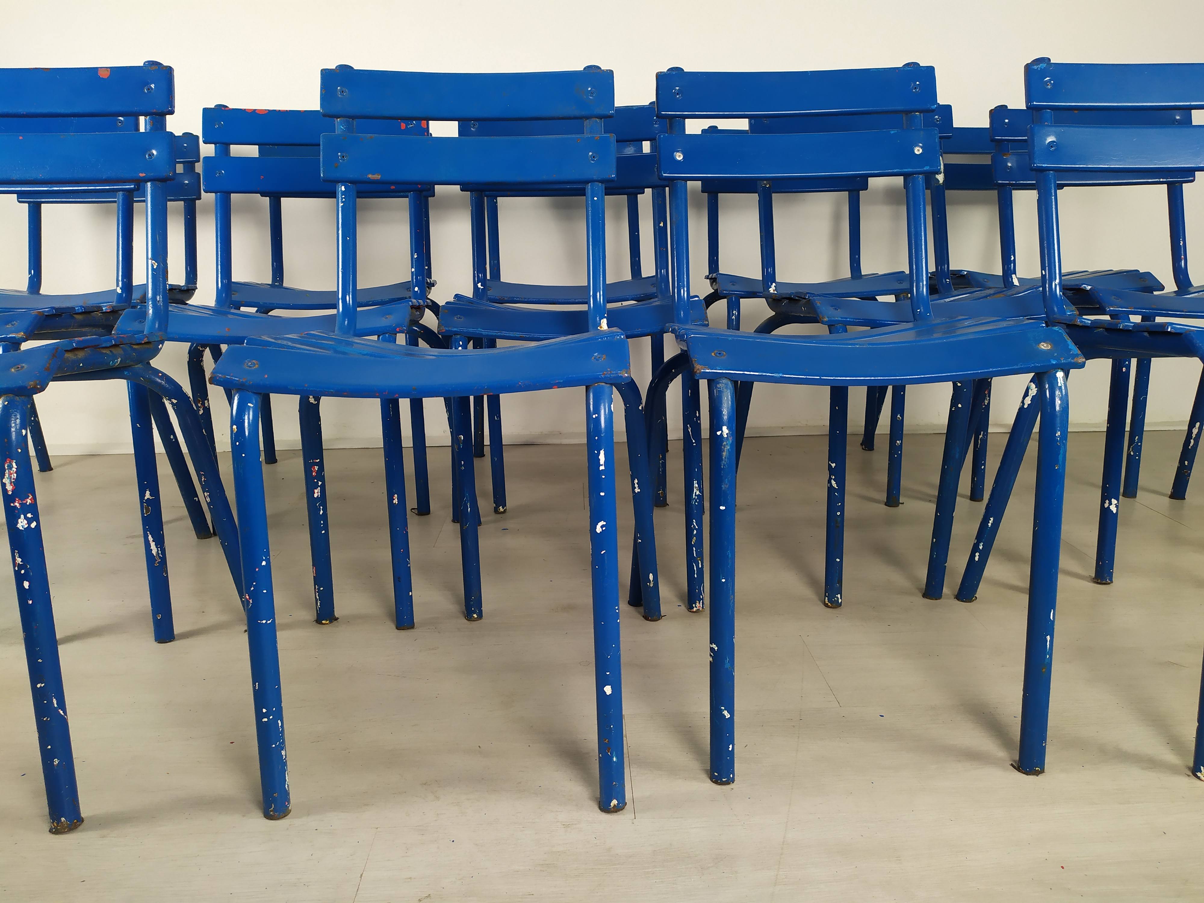 14 blue metal bistro chairs
