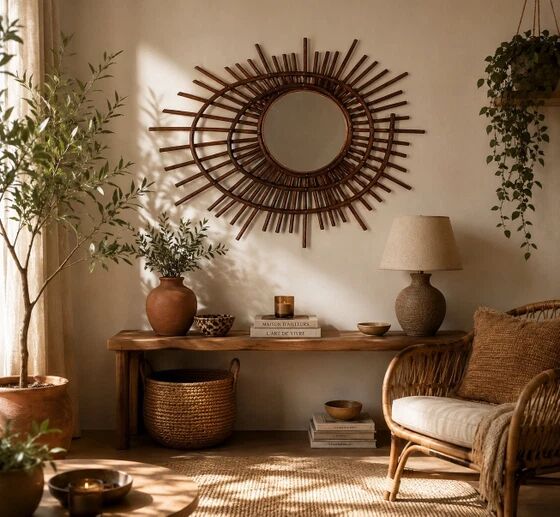 Miroir spirale en rotin 1960