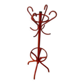 Red/orange metal coat rack for children.