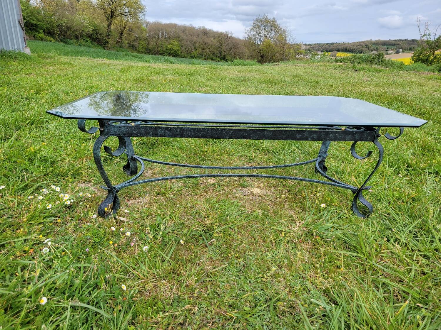 Italian glass and wrought iron coffee table