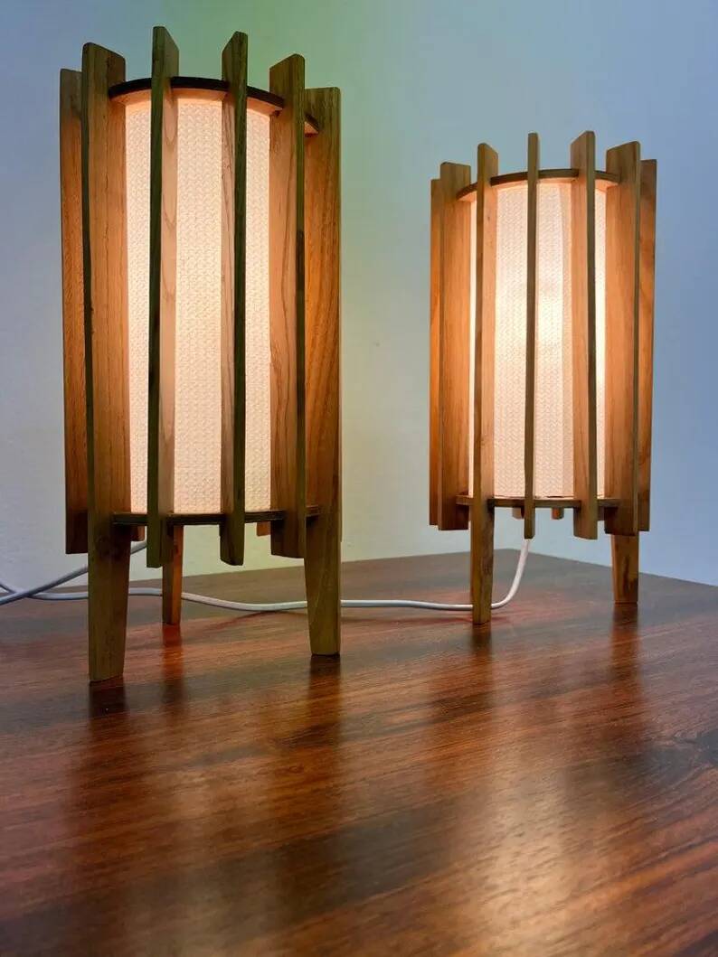 Ib fabiansen wooden space age table lamps by fog and mørup - denmark - 1960s
