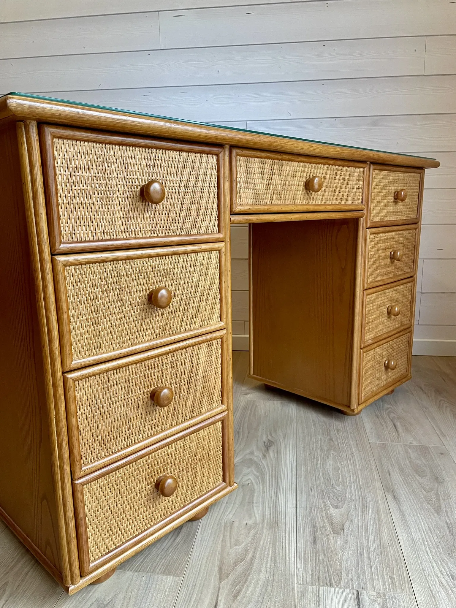 Cane work desk / Rattan glass top 9 drawers shallow depth