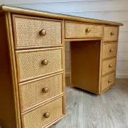 Cane work desk / Rattan glass top 9 drawers shallow depth