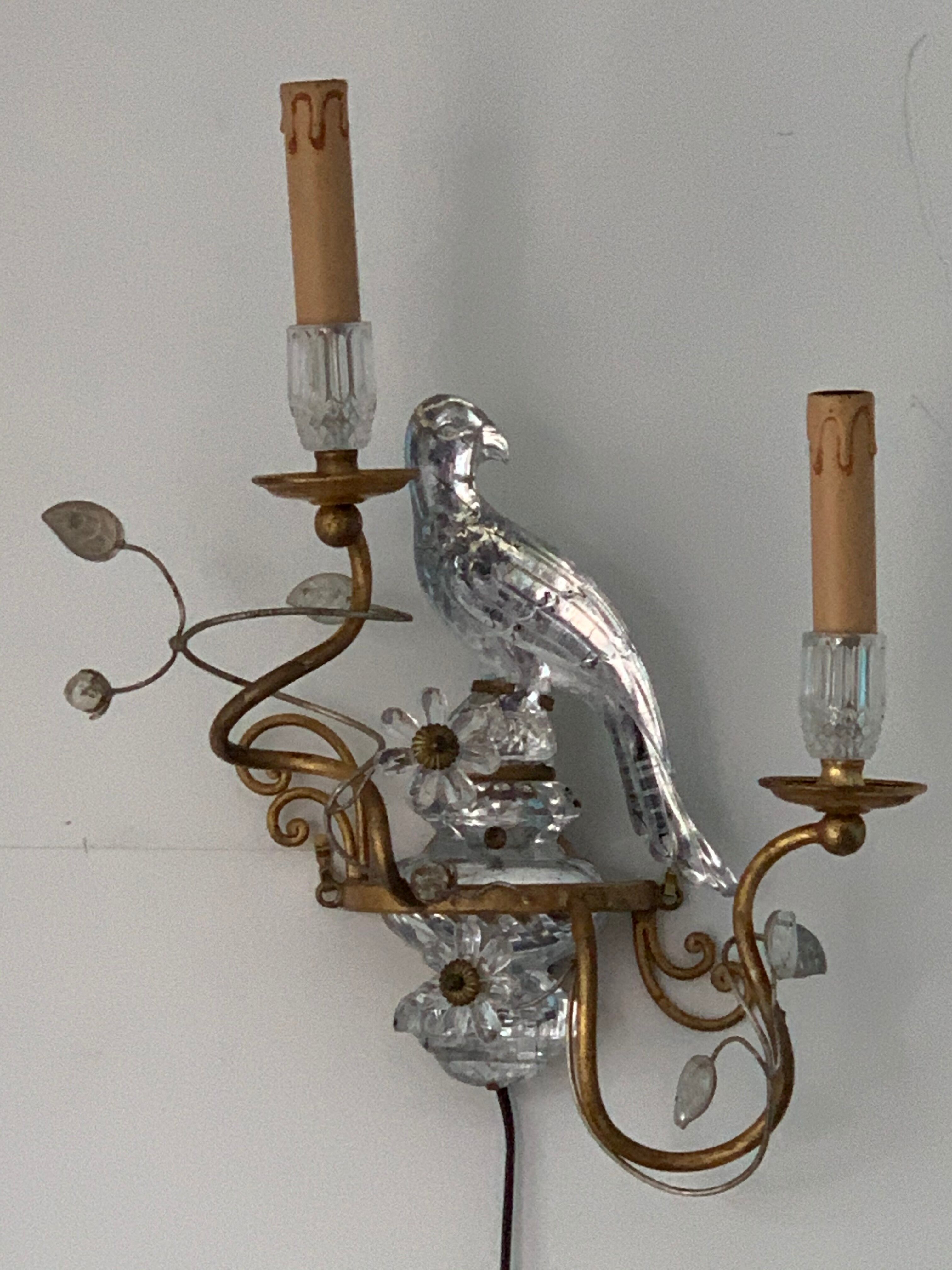 Pair of parrot crystal or parakeet wall sconces Maison Baguès 1950
