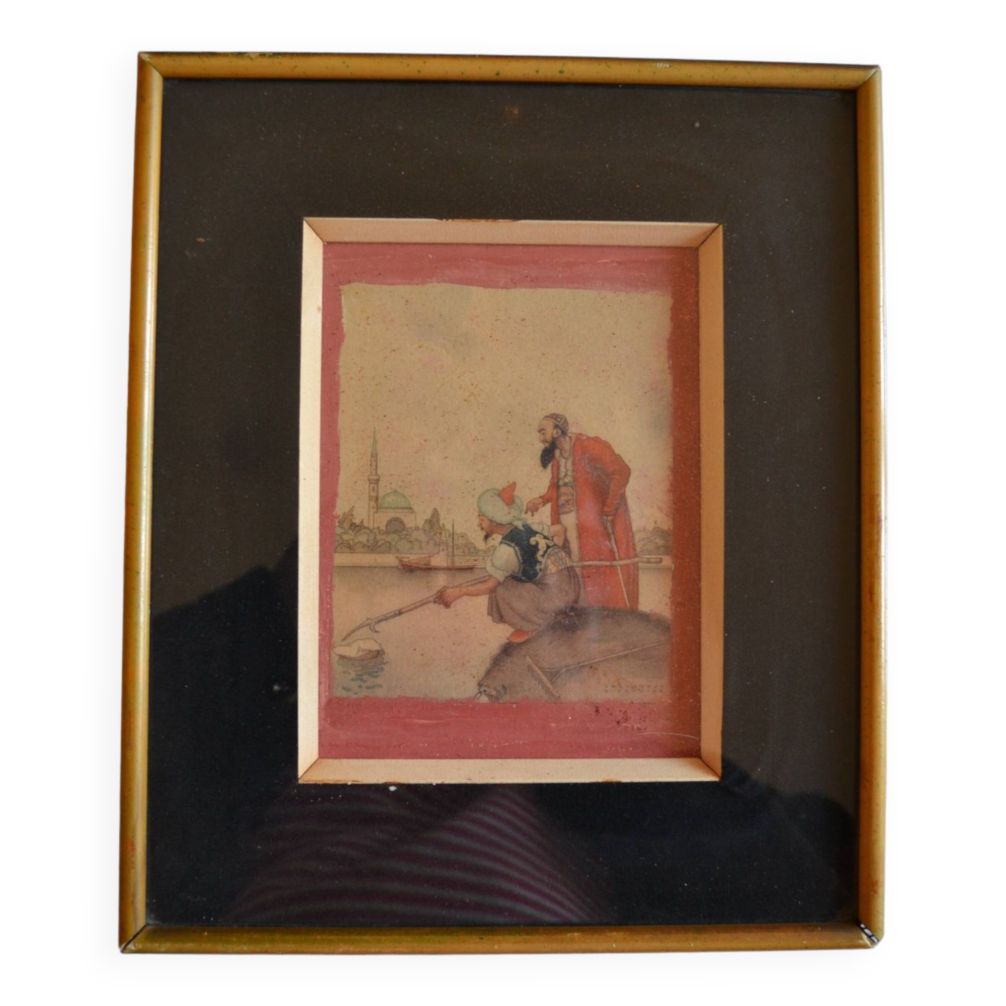 Orientalist watercolor print framed and under glass