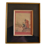 Orientalist watercolor print framed and under glass