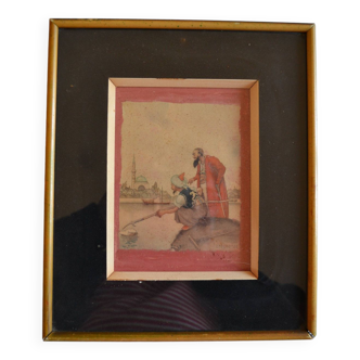 Orientalist watercolor print framed and under glass