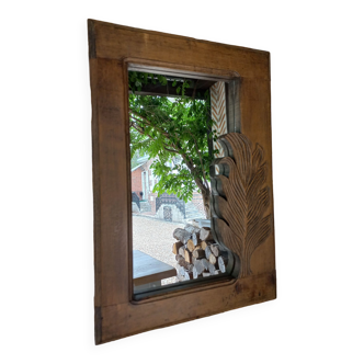 Vintage carved leaf wood mirror 1980