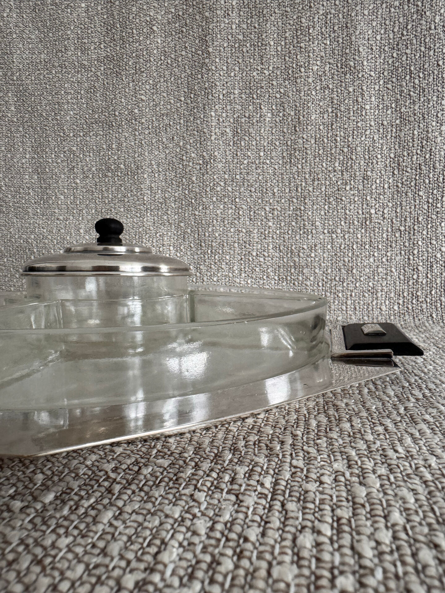 Art Deco silver-plated metal and glass serving platter for appetizers.